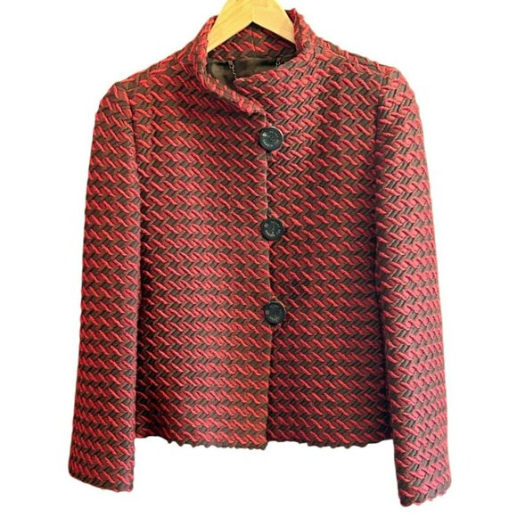 Pedro Del Hierro Red Brown Woven Patterned Mandarin Collar Wool Blend Jacket - Picture 1 of 6